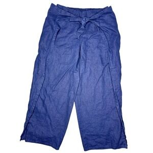 Lands' End Linen Pants size XS Wide Leg Cropped Tie Waist‎ Casual Navy Blue